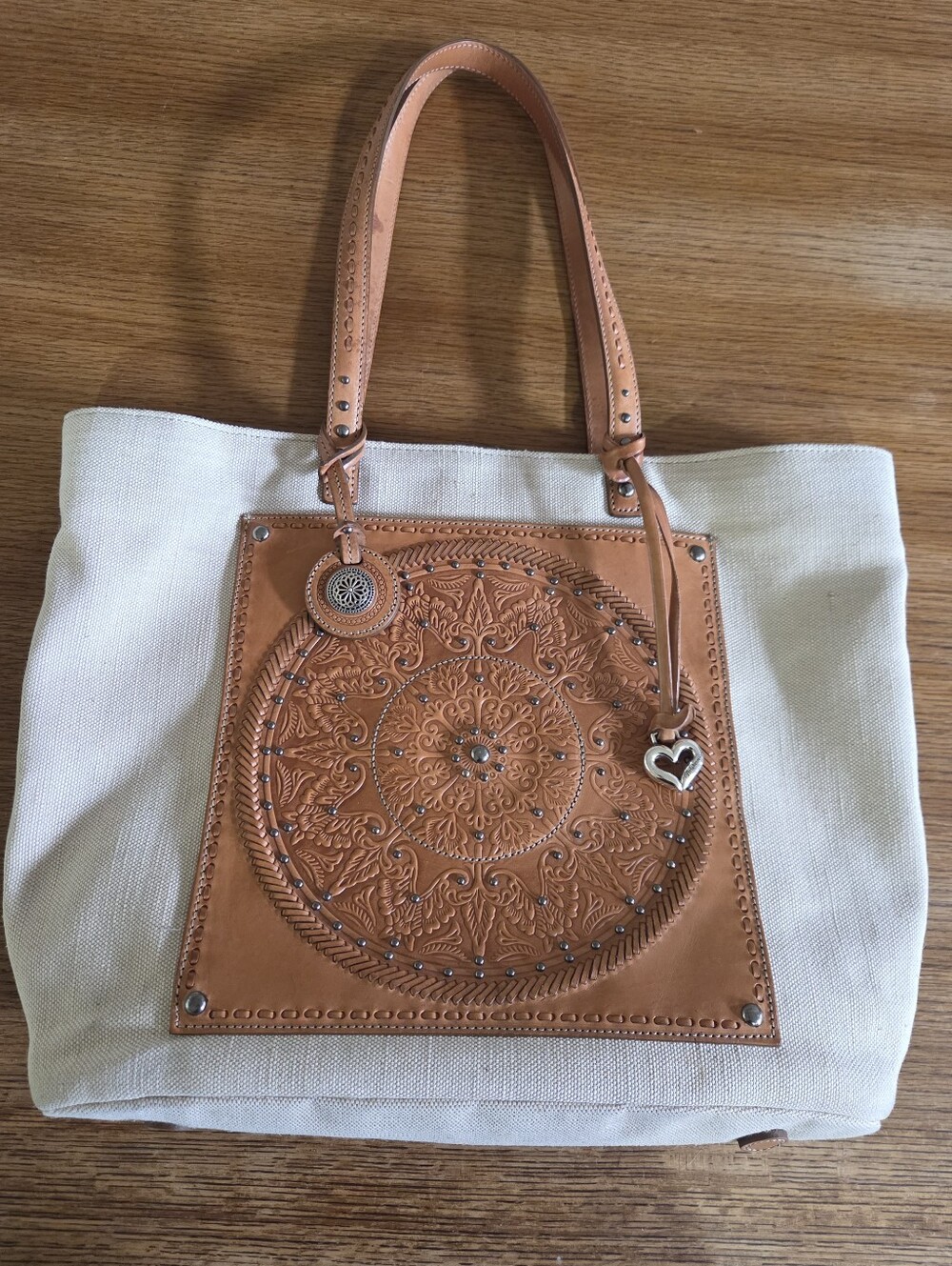 Brighton Nova Giovana Ferrara Tote Bag Brown Leather Cream Woven Canvas